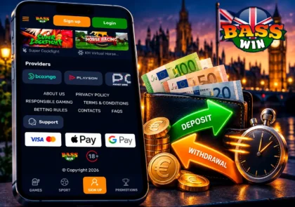 Basswin cashier with euro payments, withdrawal markers and payout speed cue.